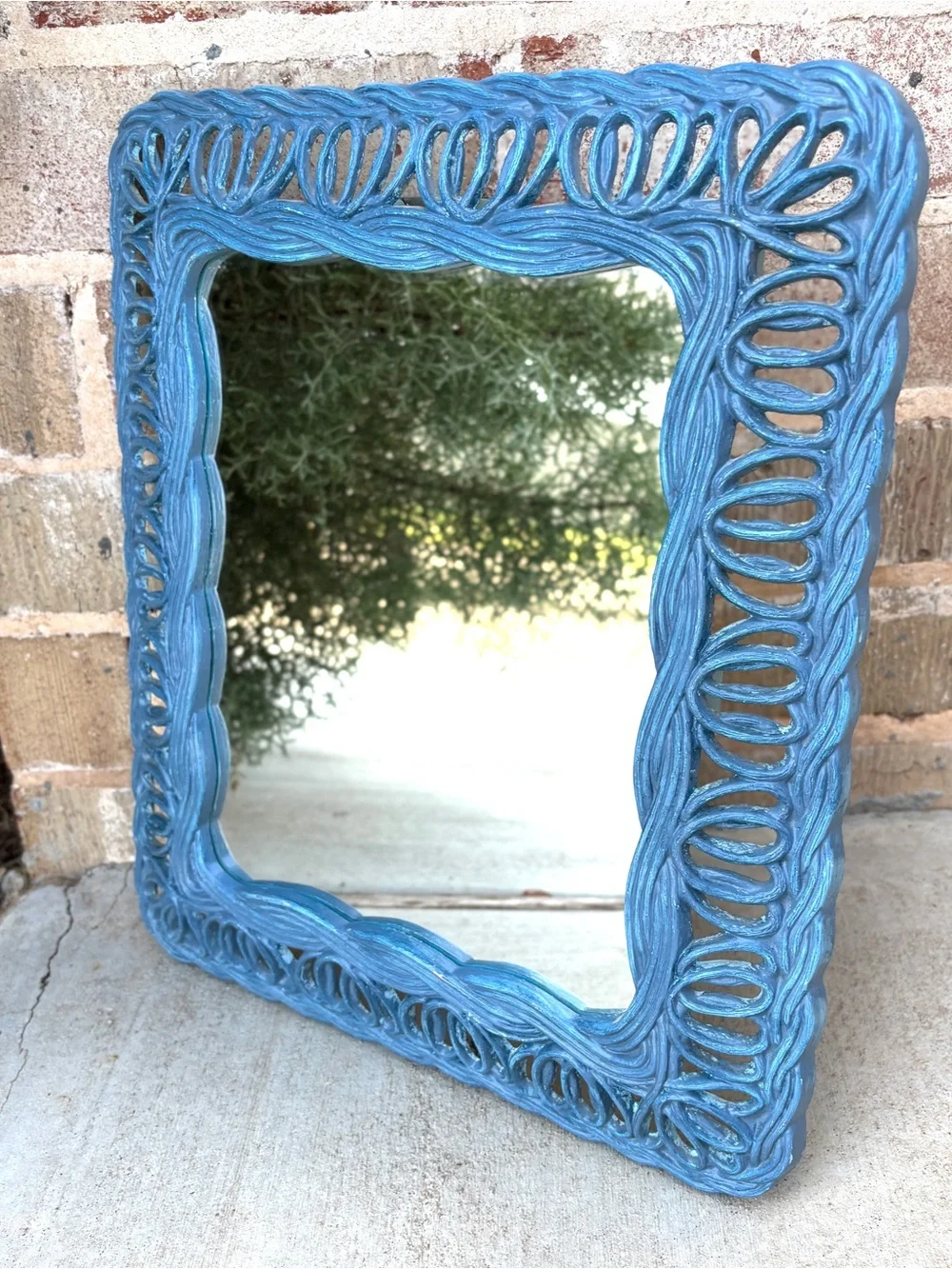 Hoda Mirror Blue 1981 Vintage Faux Wicker 3950 Wall Vertical/Horizontal Accent